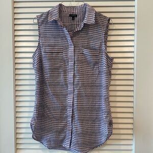 Talbots Sheer Collared Button Down Tank Size M in Purple/Black diamond design